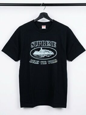 Supreme Black T-Shirt with Light Blue 'Rules The World' Graphic